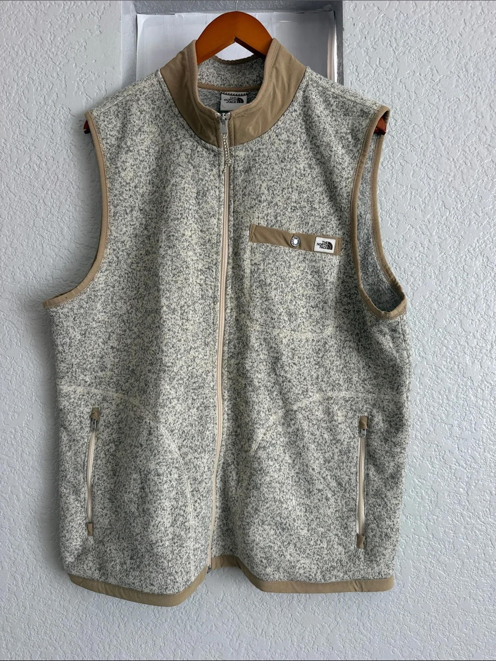 The North Face Men’s Heather Cream Zip Fleece Vest with Tan Trim
